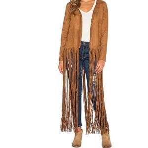 Raga ‎ NWTBrown Suede Fringe Duster Cardigan Long Sleeve Boho Maxi